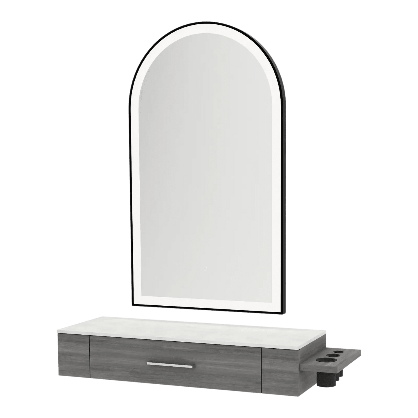Nova Wall Mount Styling Station with Side-Mount Appliance Holder, Solid Surface Countertop, and Black Arch Paloma Mirror - Kaemark