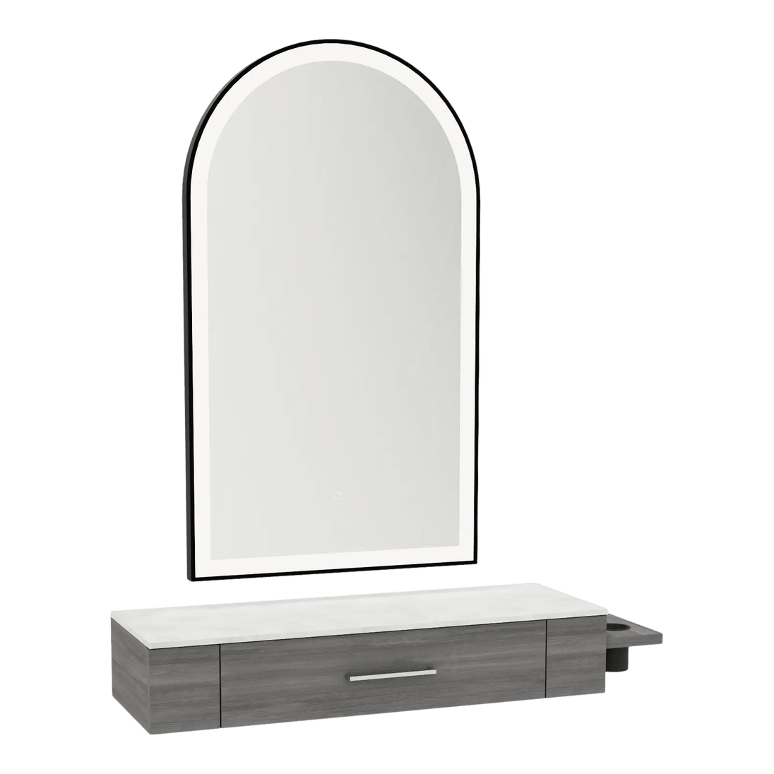 Nova Wall Mount Styling Station with Side-Mount Appliance Holder, Solid Surface Countertop, and Black Arch Paloma Mirror - Kaemark