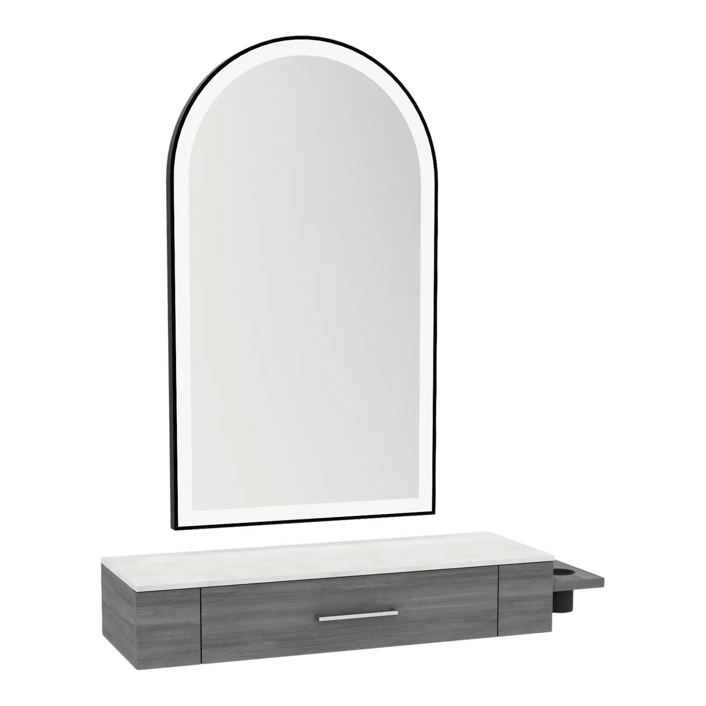 Nova Wall Mount Styling Station with Side-Mount Appliance Holder, Solid Surface Countertop, and Black Arch Paloma Mirror - Kaemark