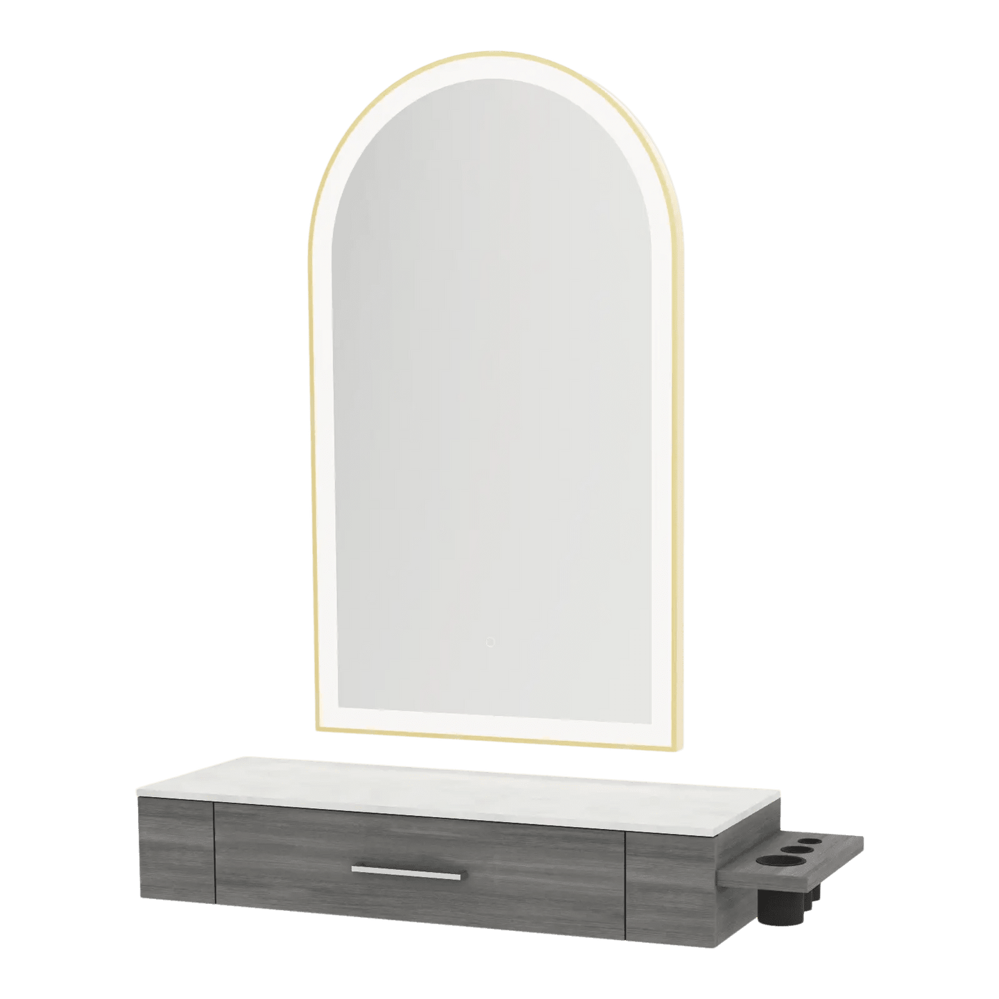 Nova Wall Mount Styling Station with Side-Mount Appliance Holder, Solid Surface Countertop and Gold Paloma Arch Mirror - Kaemark