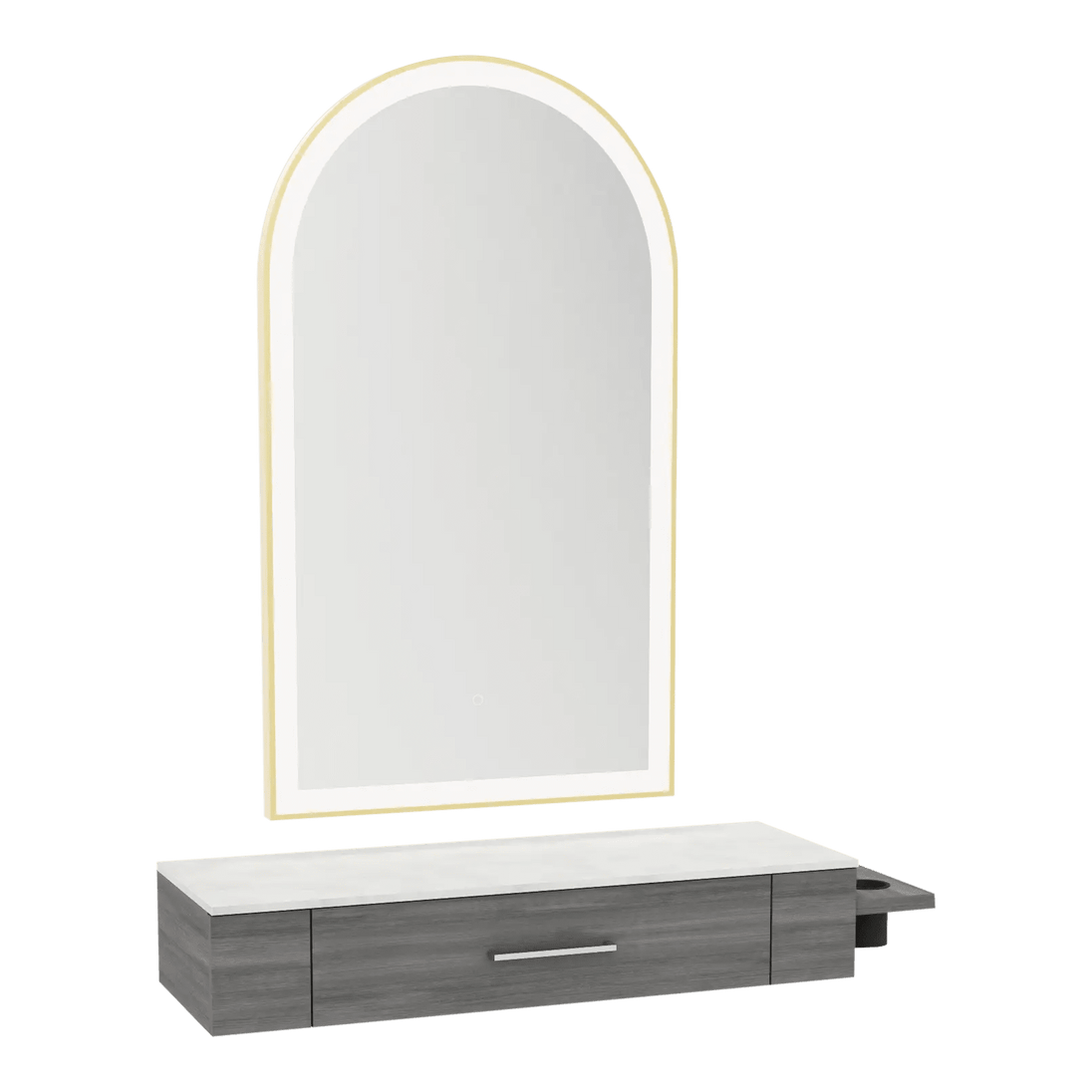 Nova Wall Mount Styling Station with Side-Mount Appliance Holder, Solid Surface Countertop and Gold Paloma Arch Mirror - Kaemark