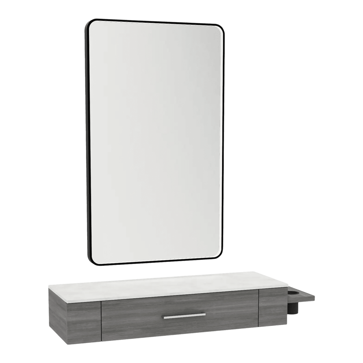 Nova Wall Mount Styling Station with Side-Mount Appliance Holder, Solid Surface Countertop, and Black Rectangle Westin Mirror - Kaemark