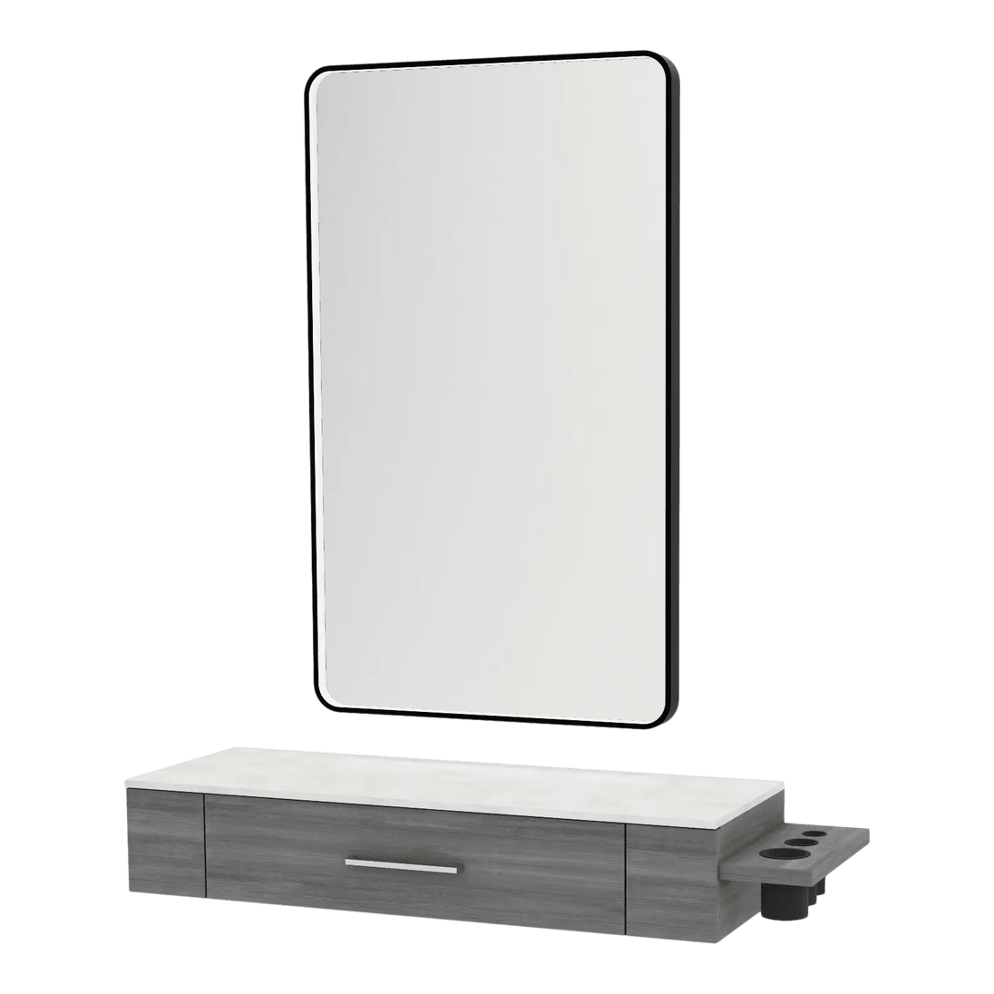 Nova Wall Mount Styling Station with Side-Mount Appliance Holder, Solid Surface Countertop, and Black Rectangle Westin Mirror - Kaemark