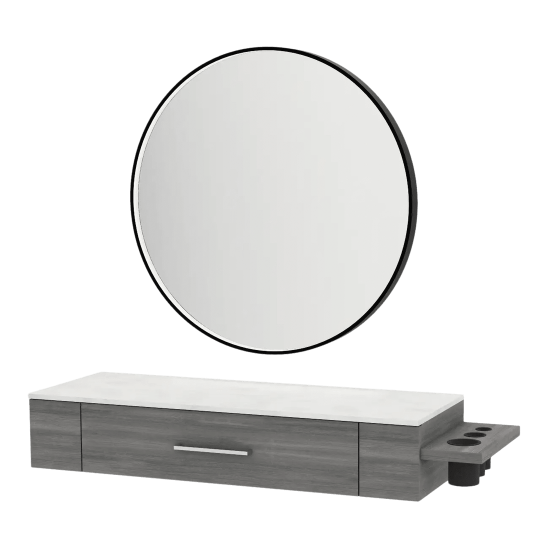 Nova Wall Mount Styling Station with Side-Mount Appliance Holder, Solid Surface Countertop, and Black Round Westin Mirror - Kaemark