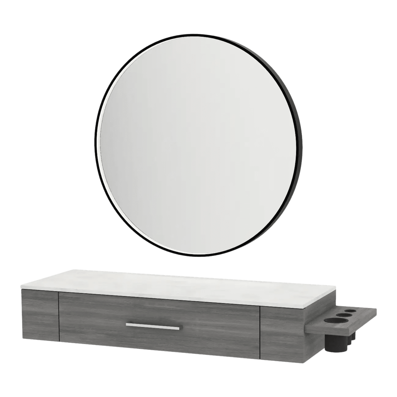 Nova Wall Mount Styling Station with Side-Mount Appliance Holder, Solid Surface Countertop, and Black Round Westin Mirror - Kaemark