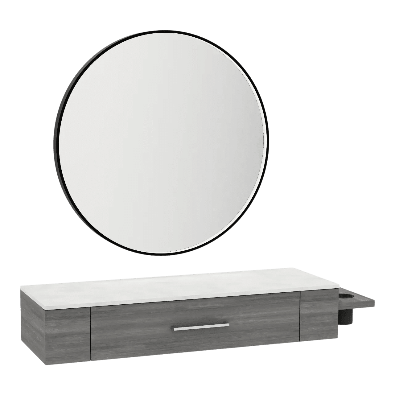Nova Wall Mount Styling Station with Side-Mount Appliance Holder, Solid Surface Countertop, and Black Round Westin Mirror - Kaemark