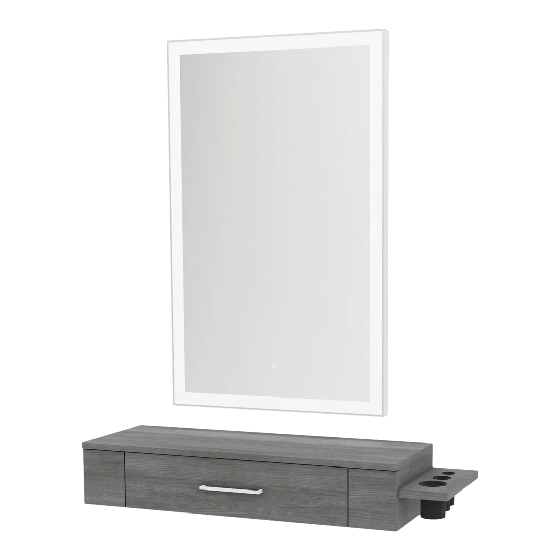 Nova Wall Mount Styling Station with Side-Mount Appliance Holder and Silver Rectangle Glo Mirror - Kaemark