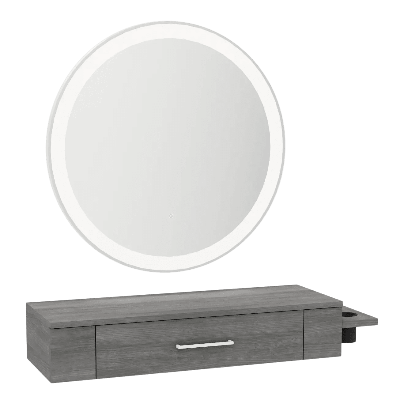 Nova Wall Mount Styling Station with Side-Mount Appliance Holder and Silver Round Glo Mirror - Kaemark