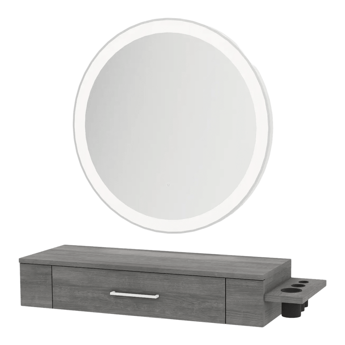 Nova Wall Mount Styling Station with Side-Mount Appliance Holder and Silver Round Glo Mirror - Kaemark
