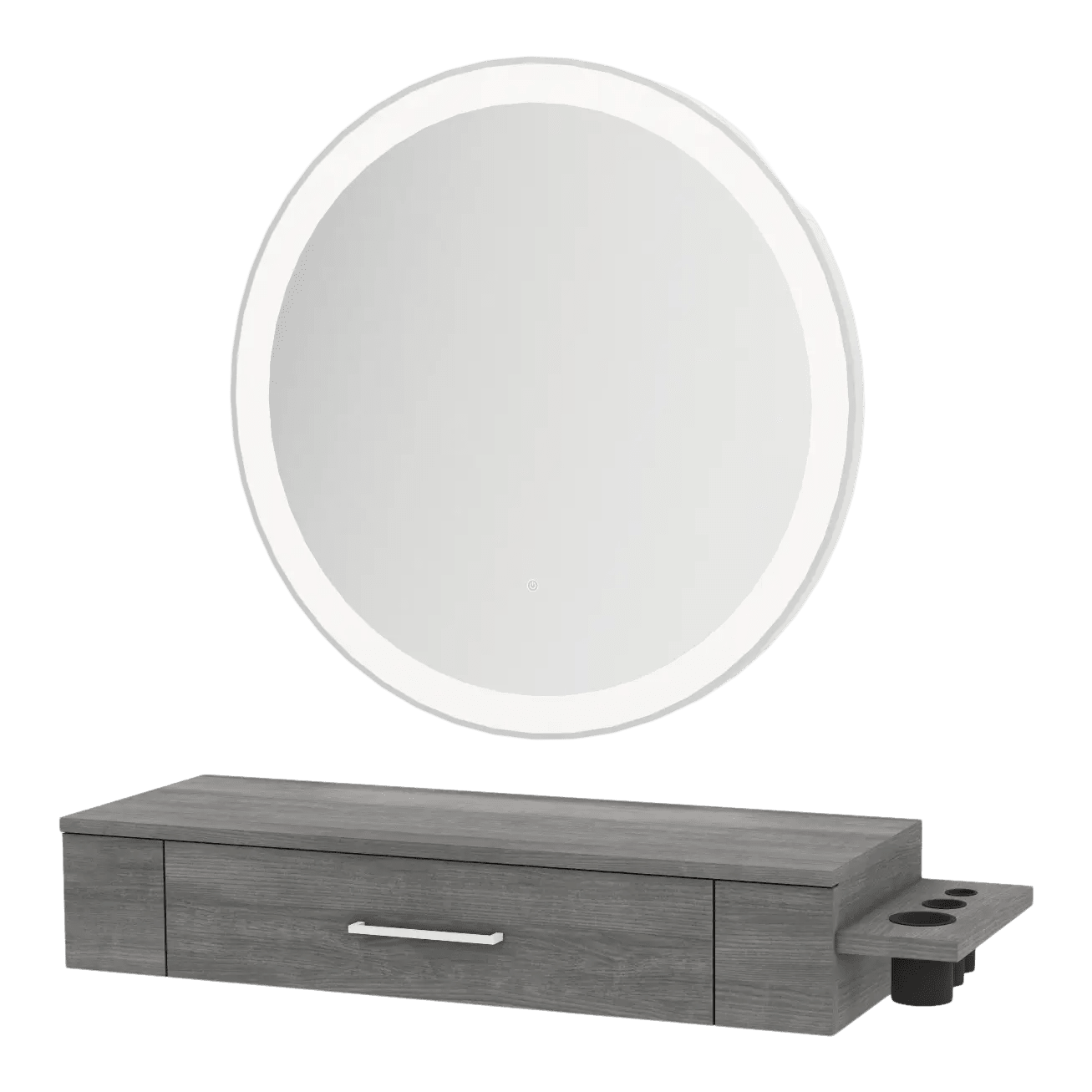 Nova Wall Mount Styling Station with Side-Mount Appliance Holder and Silver Round Glo Mirror - Kaemark