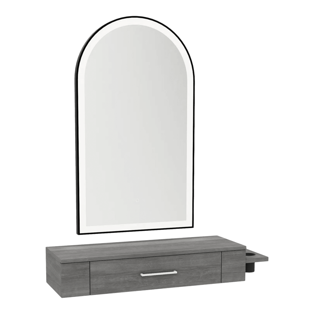 Nova Wall Mount Styling Station with Side-Mount Appliance Holder and Black Paloma Arch Mirror - Kaemark