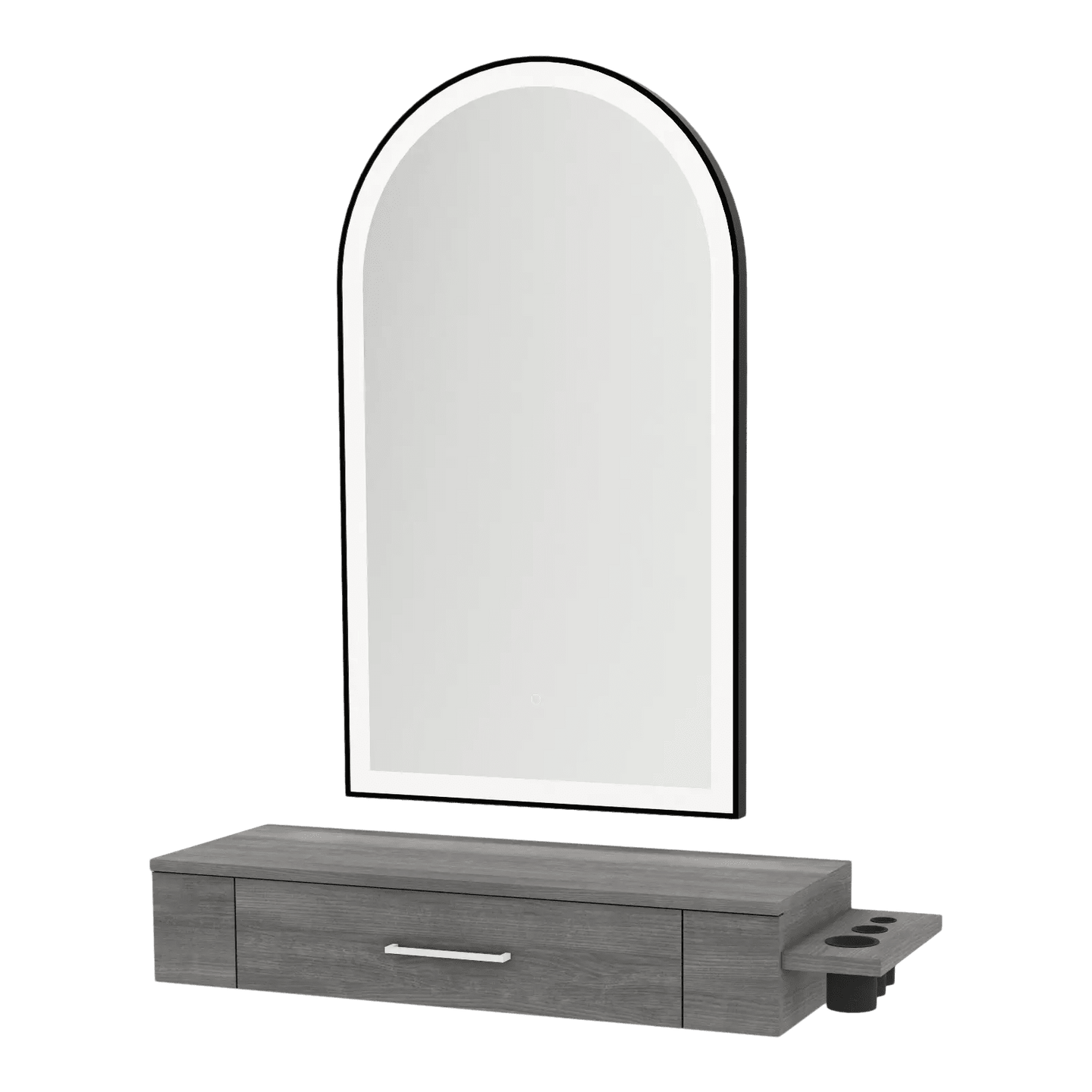 Nova Wall Mount Styling Station with Side-Mount Appliance Holder and Black Paloma Arch Mirror - Kaemark