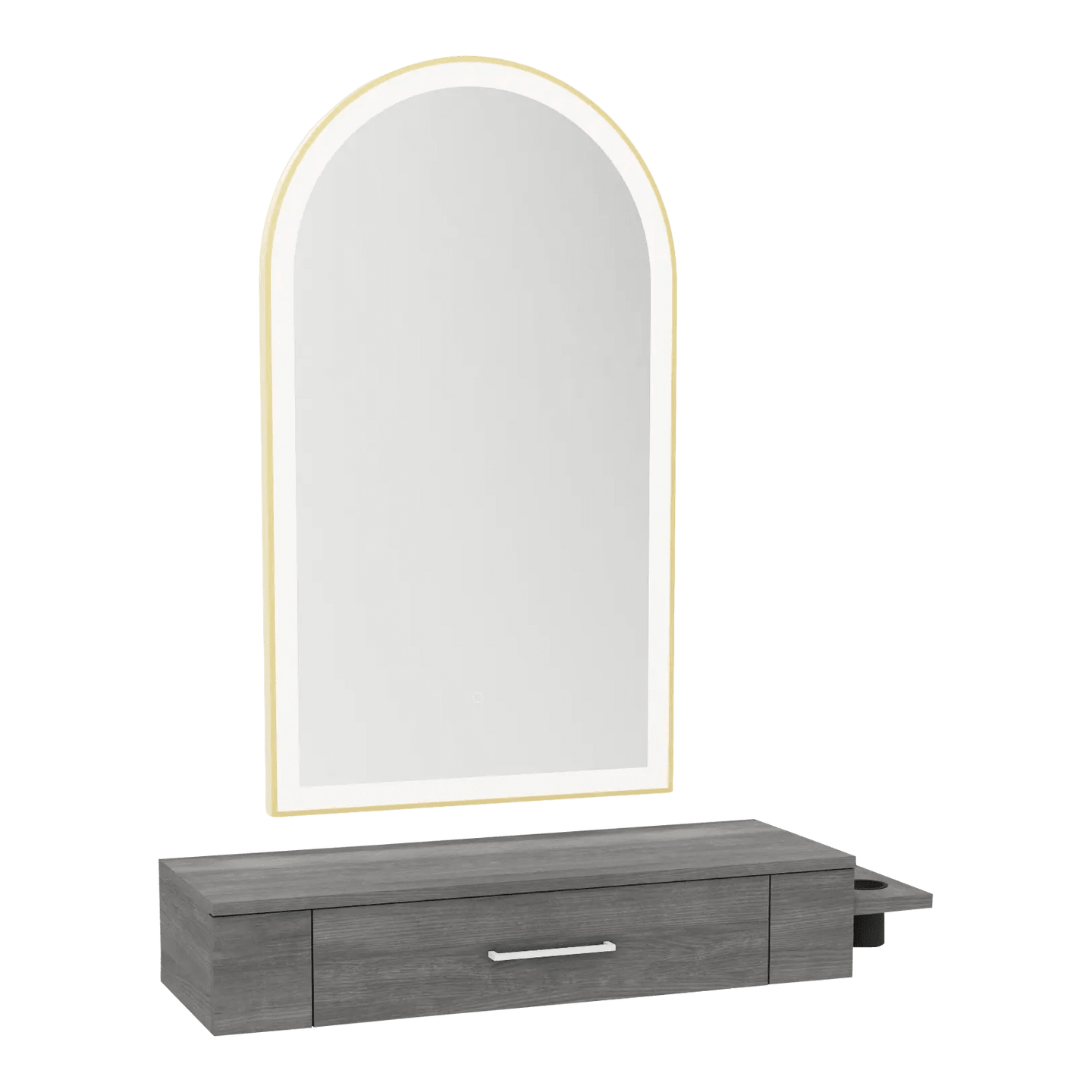 Nova Wall Mount Styling Station with Side-Mount Appliance Holder and Gold Paloma Arch Mirror - Kaemark