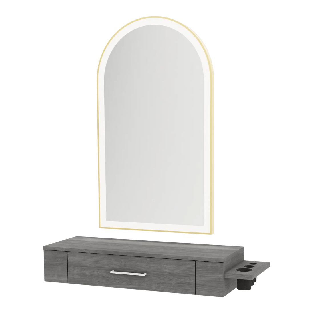 Nova Wall Mount Styling Station with Side-Mount Appliance Holder and Gold Paloma Arch Mirror - Kaemark