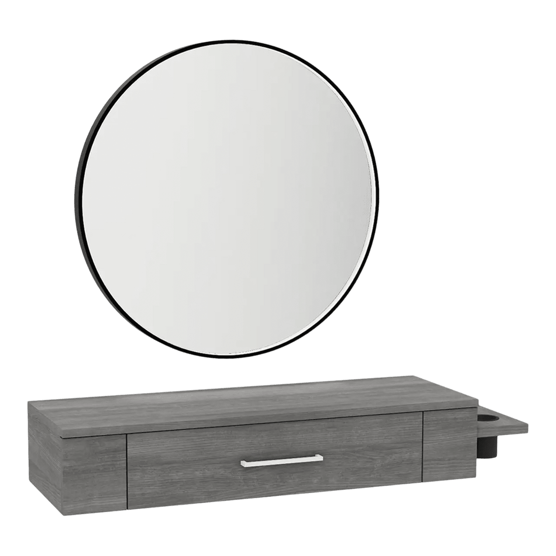 Nova Wall Mount Styling Station with Side-Mount Appliance Holder and Black Round Westin Mirror - Kaemark