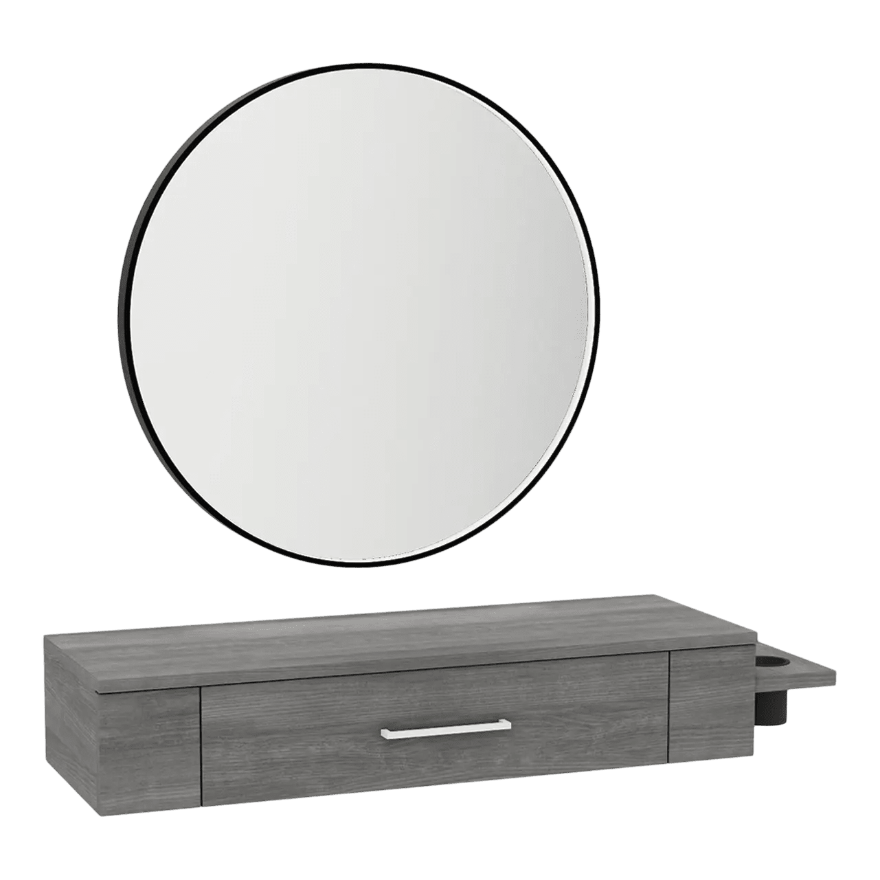Nova Wall Mount Styling Station with Side-Mount Appliance Holder and Black Round Westin Mirror - Kaemark