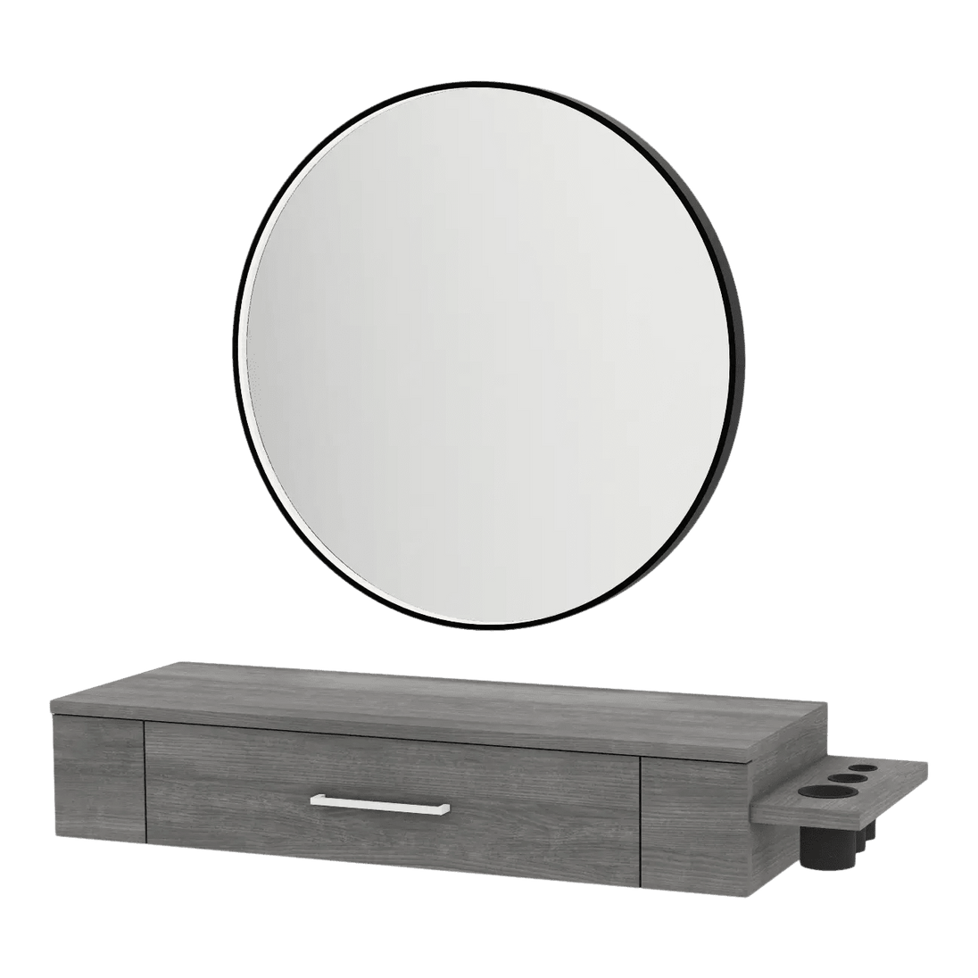 Nova Wall Mount Styling Station with Side-Mount Appliance Holder and Black Round Westin Mirror - Kaemark