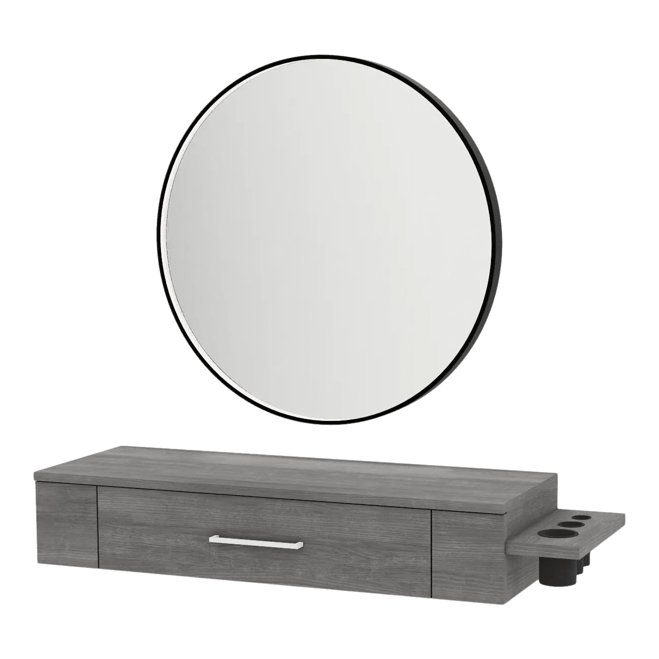 Nova Wall Mount Styling Station with Side-Mount Appliance Holder and Black Round Westin Mirror - Kaemark