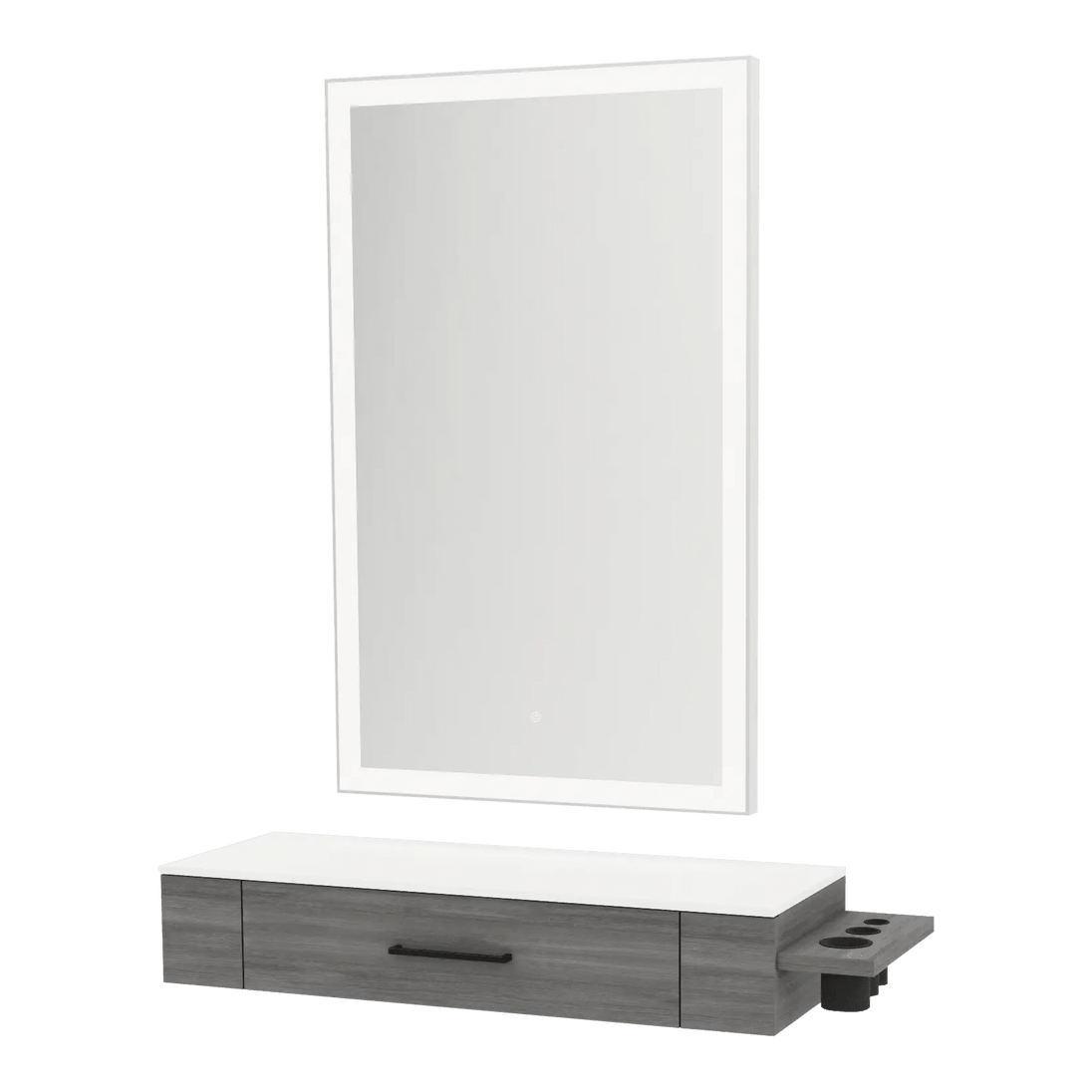Nova Wall Mount Styling Station with Side-Mount Appliance Holder, Solid Surface Countertop and Silver Rectangle Glo Mirror - Kaemark
