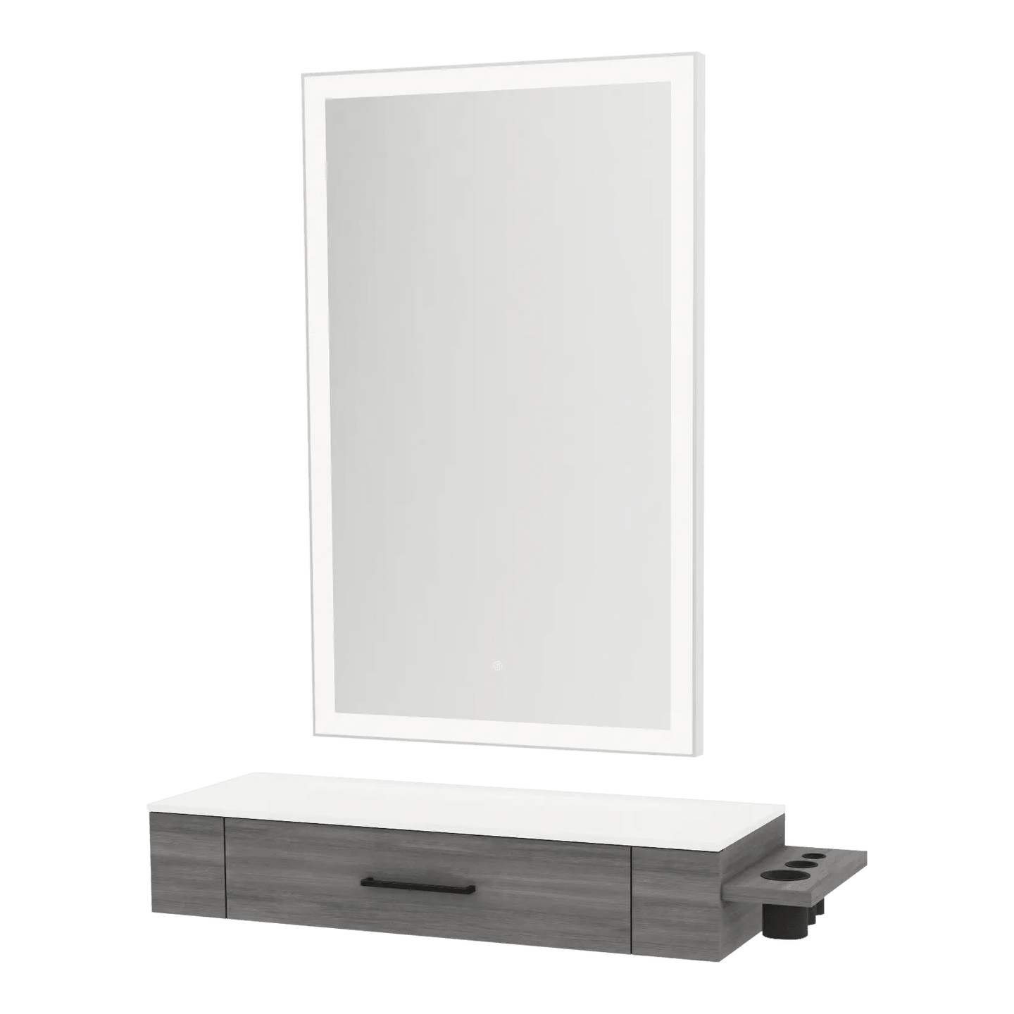 Nova Wall Mount Styling Station with Side-Mount Appliance Holder, Solid Surface Countertop and Silver Rectangle Glo Mirror - Kaemark
