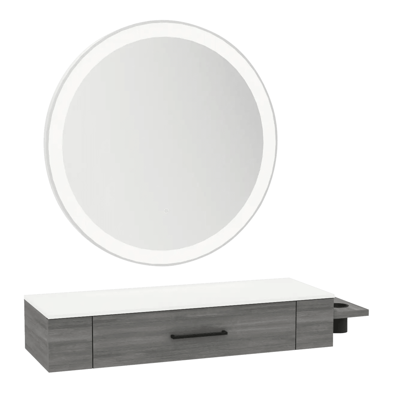 Nova Wall Mount Styling Station with Side-Mount Appliance Holder, Solid Surface Countertop, and Silver Round Glo Mirror - Kaemark
