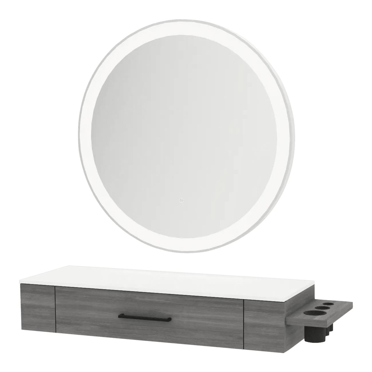 Nova Wall Mount Styling Station with Side-Mount Appliance Holder, Solid Surface Countertop, and Silver Round Glo Mirror - Kaemark