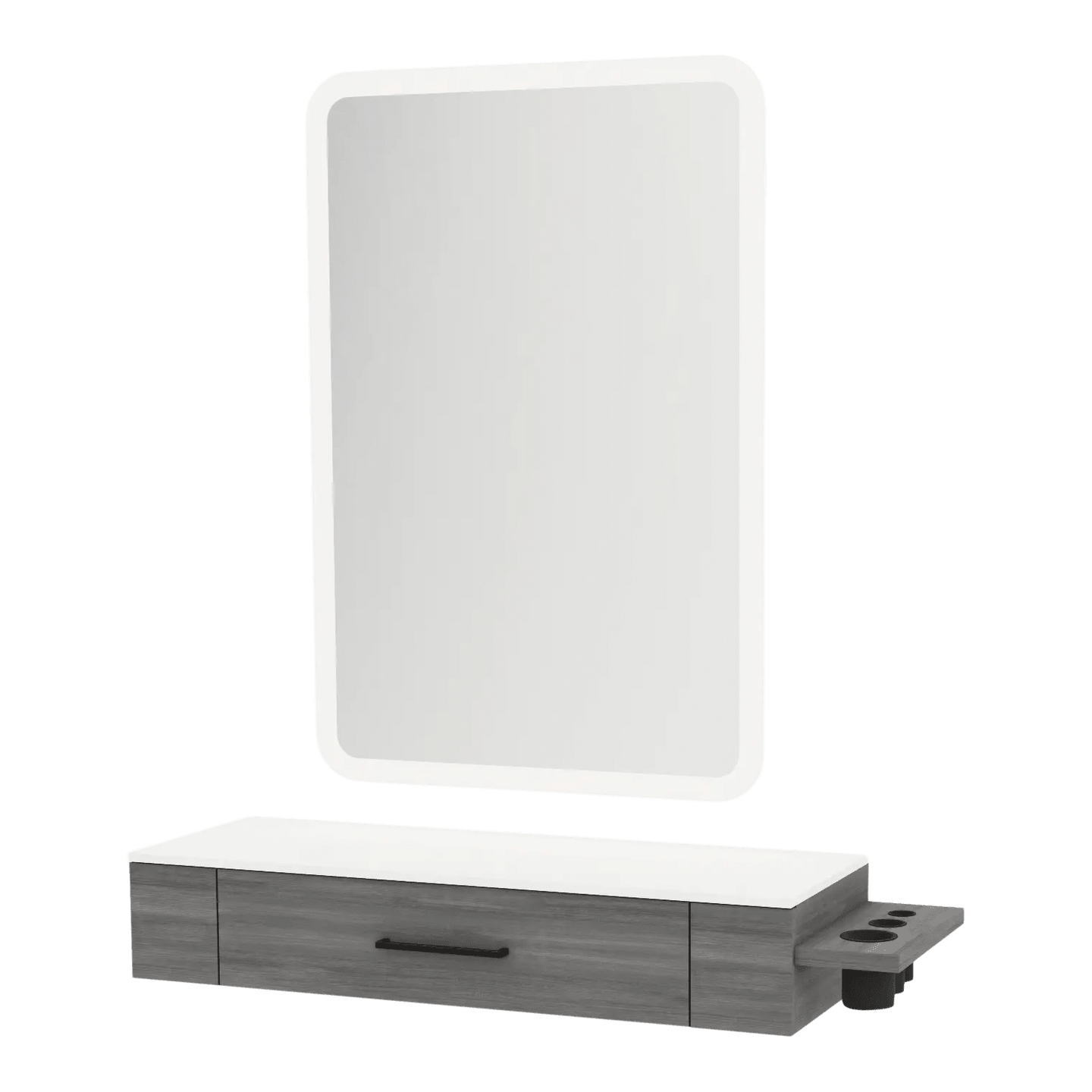 Nova Wall Mount Styling Station with Side-Mount Appliance Holder, Solid Surface Countertop and Illuminate LED Mirror - Kaemark