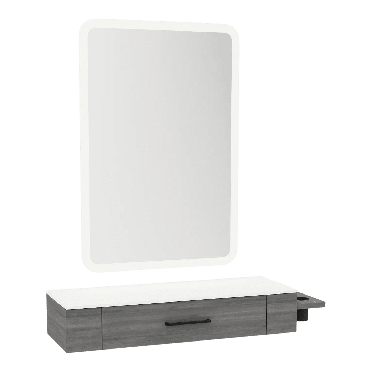 Nova Wall Mount Styling Station with Side-Mount Appliance Holder, Solid Surface Countertop and Illuminate LED Mirror - Kaemark