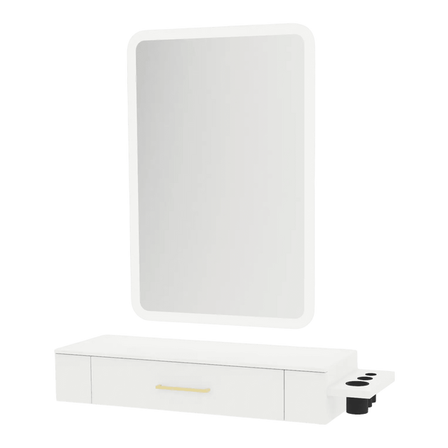 Nova Wall Mount Styling Station with Side-Mount Appliance Holder, Solid Surface Countertop and Illuminate LED Mirror - Kaemark