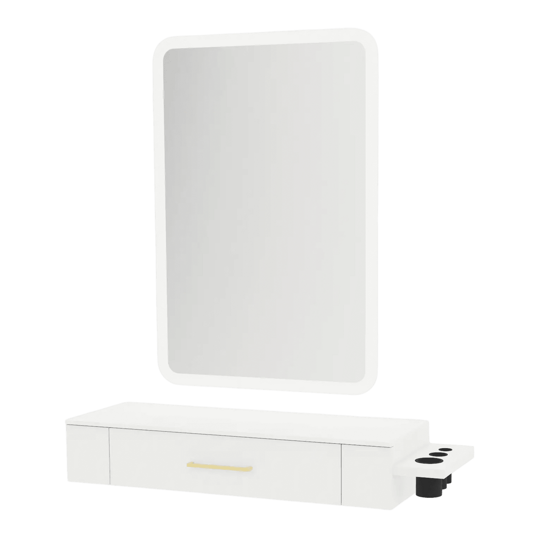Nova Wall Mount Styling Station with Side-Mount Appliance Holder, Solid Surface Countertop and Illuminate LED Mirror - Kaemark