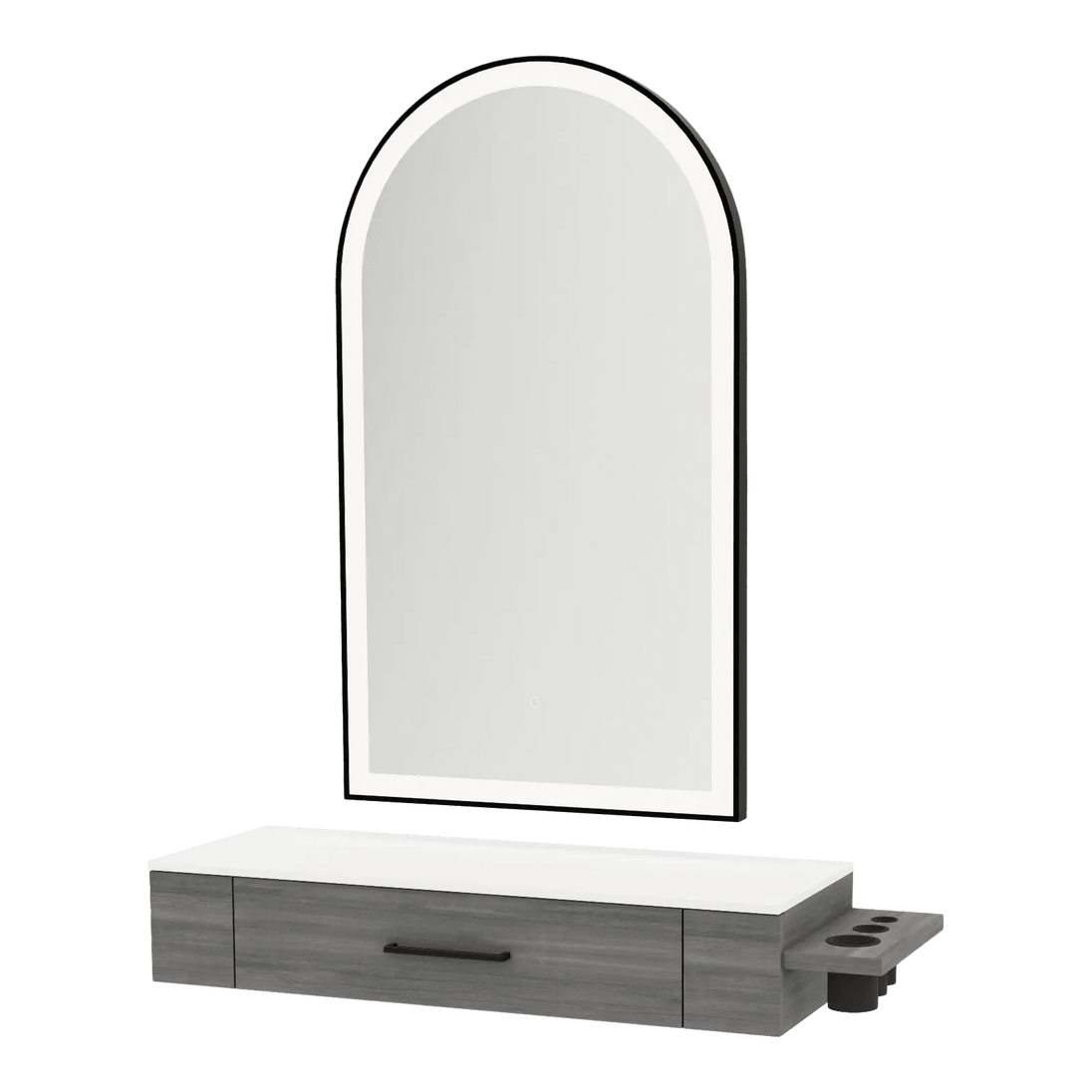 Nova Wall Mount Styling Station with Side-Mount Appliance Holder, Solid Surface Countertop, and Black Arch Paloma Mirror - Kaemark