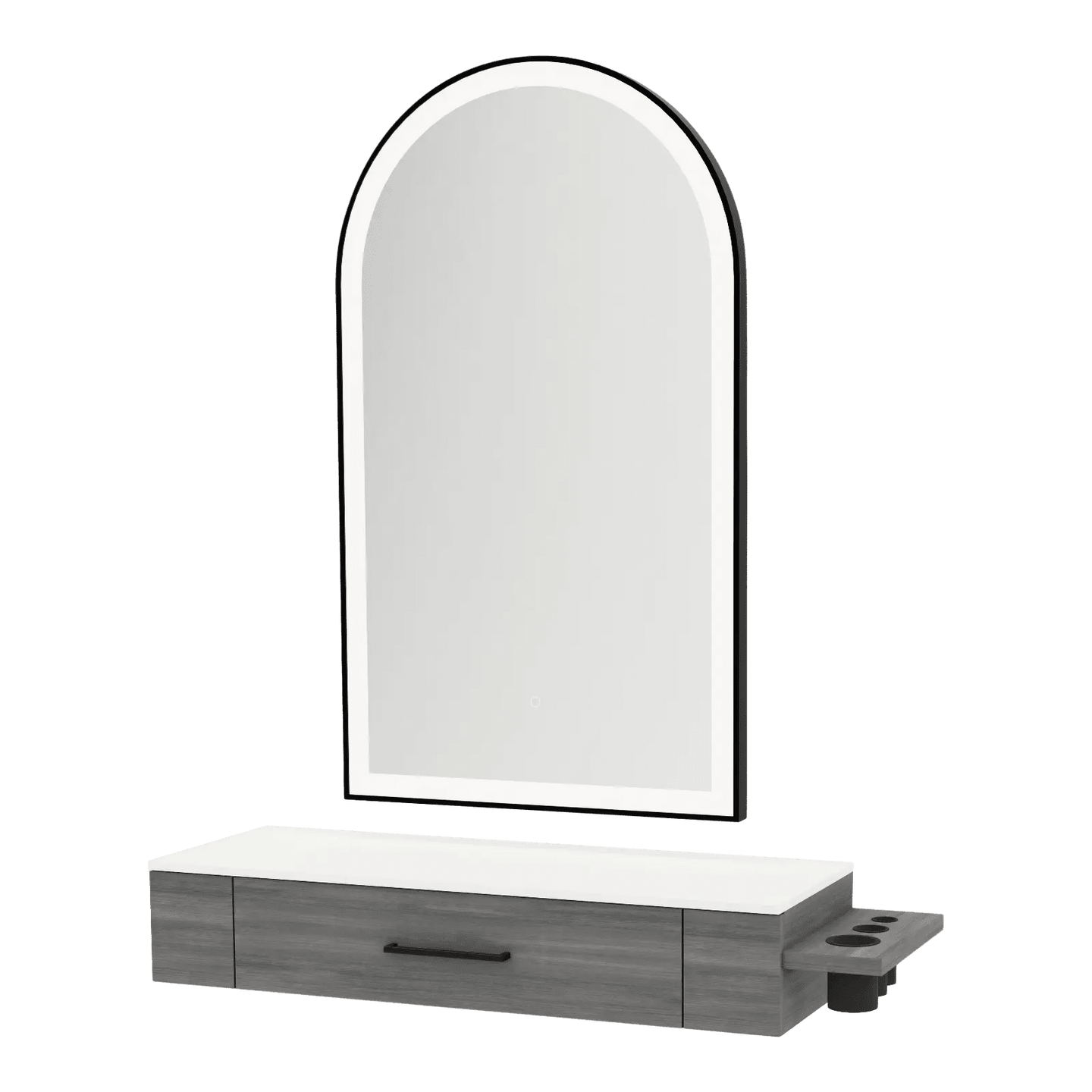 Nova Wall Mount Styling Station with Side-Mount Appliance Holder, Solid Surface Countertop, and Black Arch Paloma Mirror - Kaemark