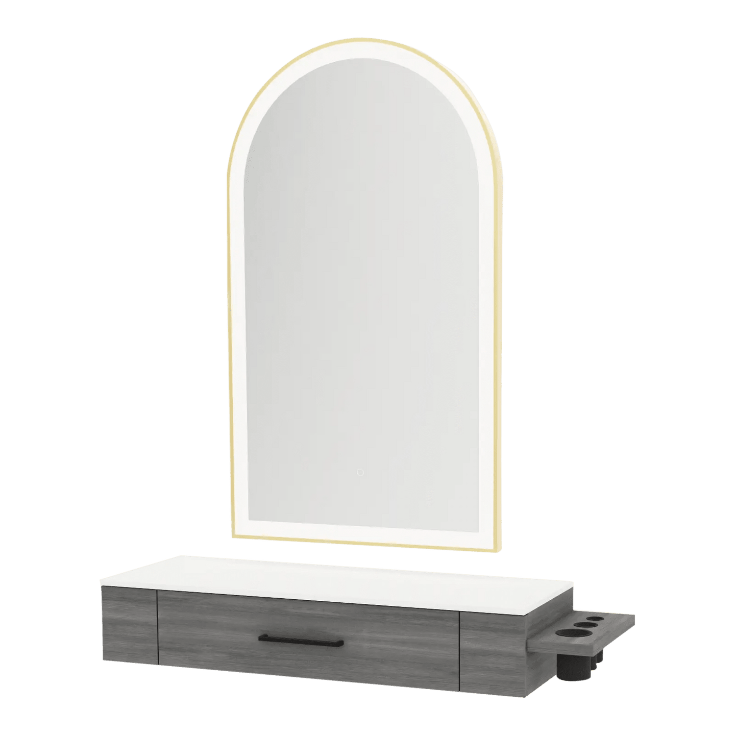 Nova Wall Mount Styling Station with Side-Mount Appliance Holder, Solid Surface Countertop and Gold Paloma Arch Mirror - Kaemark
