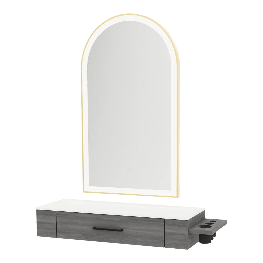 Nova Wall Mount Styling Station with Side-Mount Appliance Holder, Solid Surface Countertop and Gold Paloma Arch Mirror - Kaemark