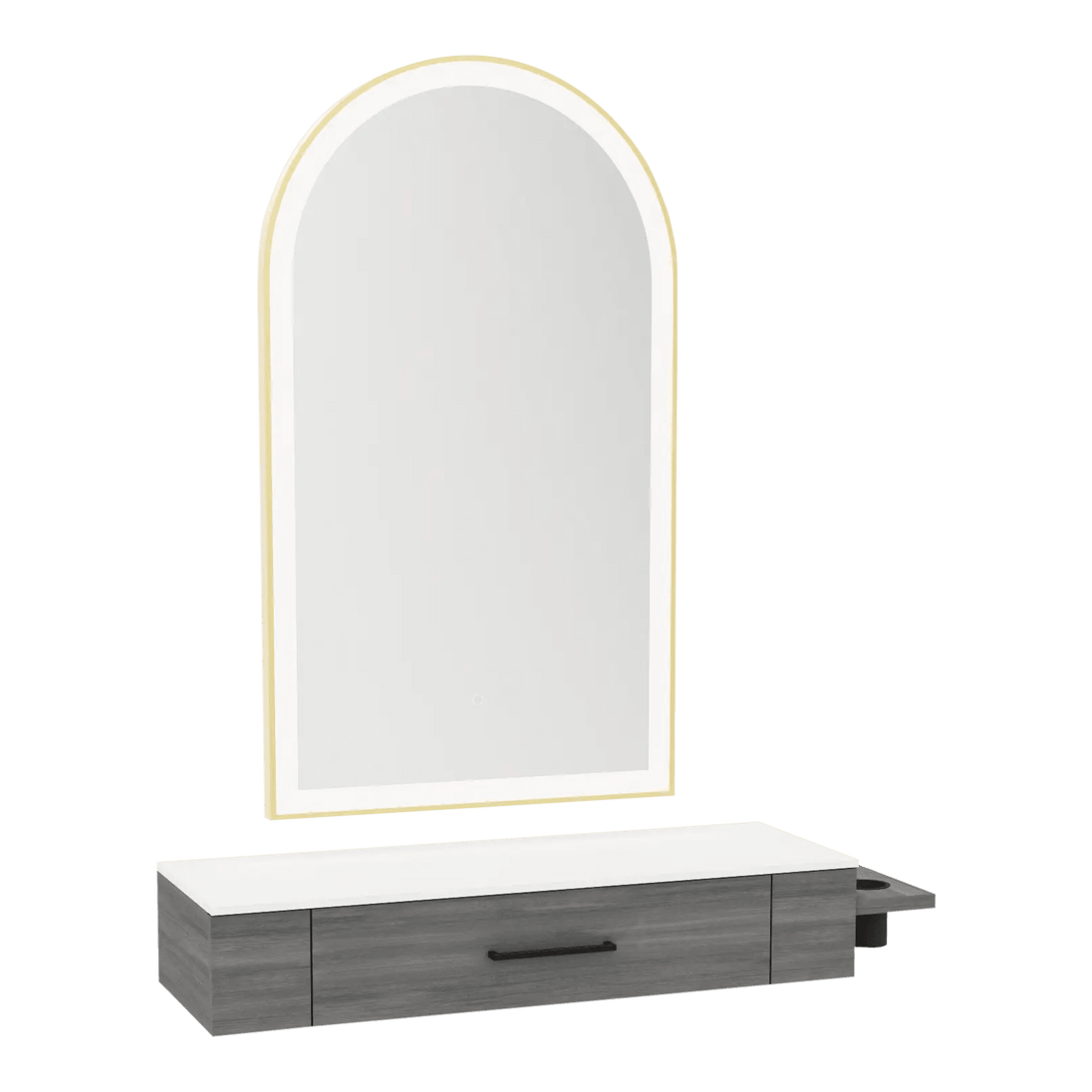 Nova Wall Mount Styling Station with Side-Mount Appliance Holder, Solid Surface Countertop and Gold Paloma Arch Mirror - Kaemark