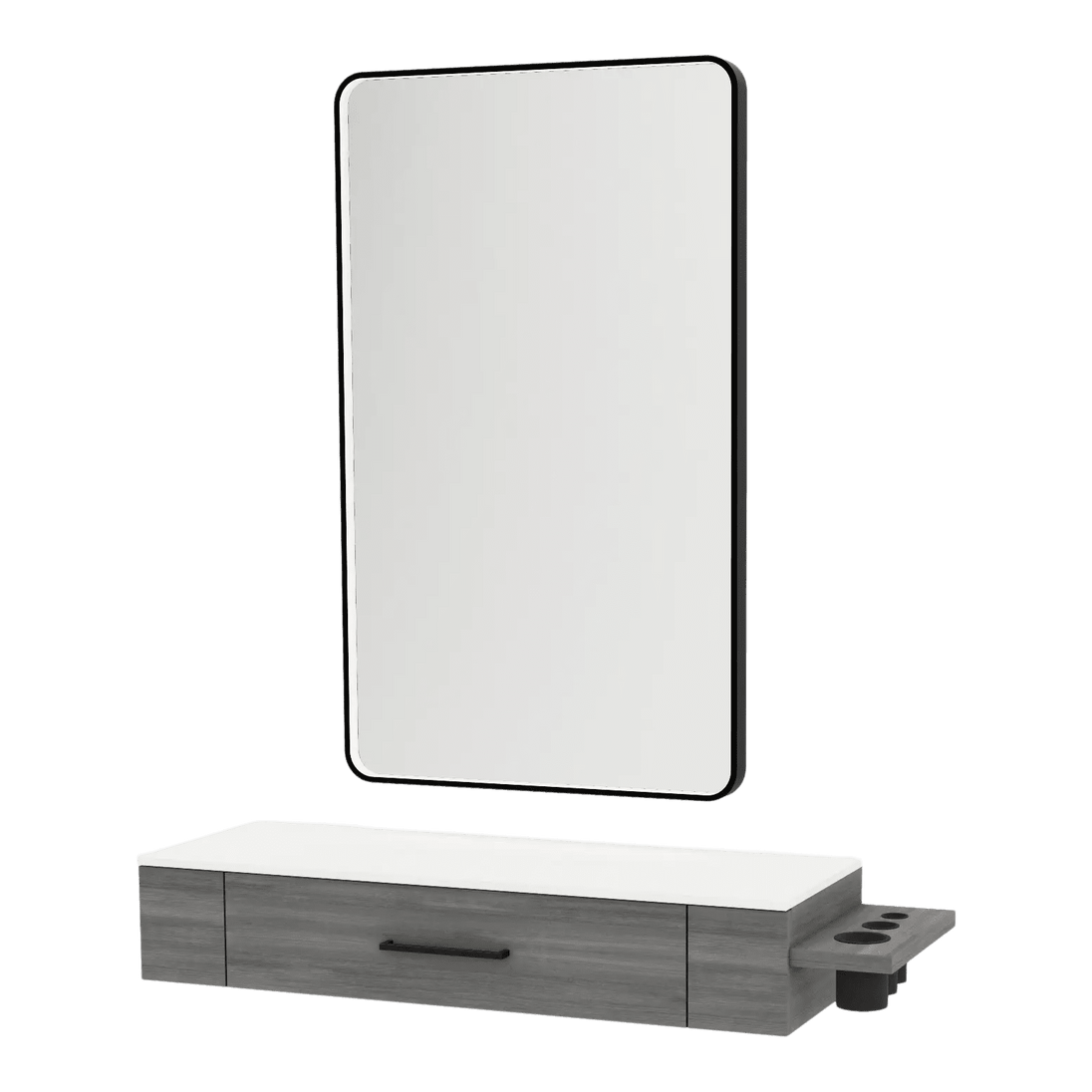 Nova Wall Mount Styling Station with Side-Mount Appliance Holder, Solid Surface Countertop, and Black Rectangle Westin Mirror - Kaemark