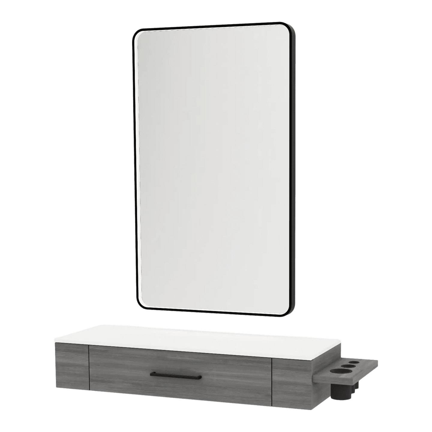 Nova Wall Mount Styling Station with Side-Mount Appliance Holder, Solid Surface Countertop, and Black Rectangle Westin Mirror - Kaemark