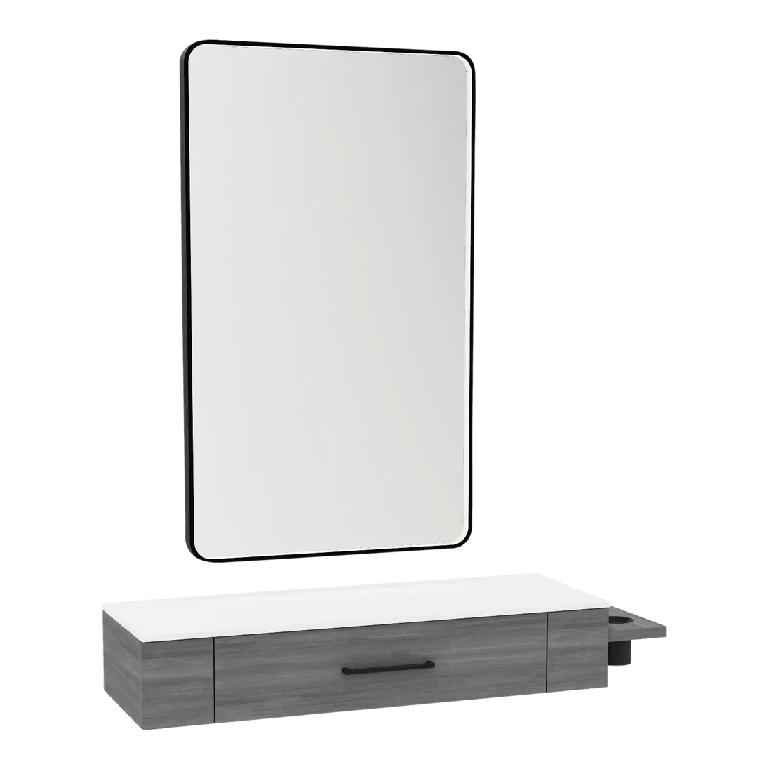 Nova Wall Mount Styling Station with Side-Mount Appliance Holder, Solid Surface Countertop, and Black Rectangle Westin Mirror - Kaemark