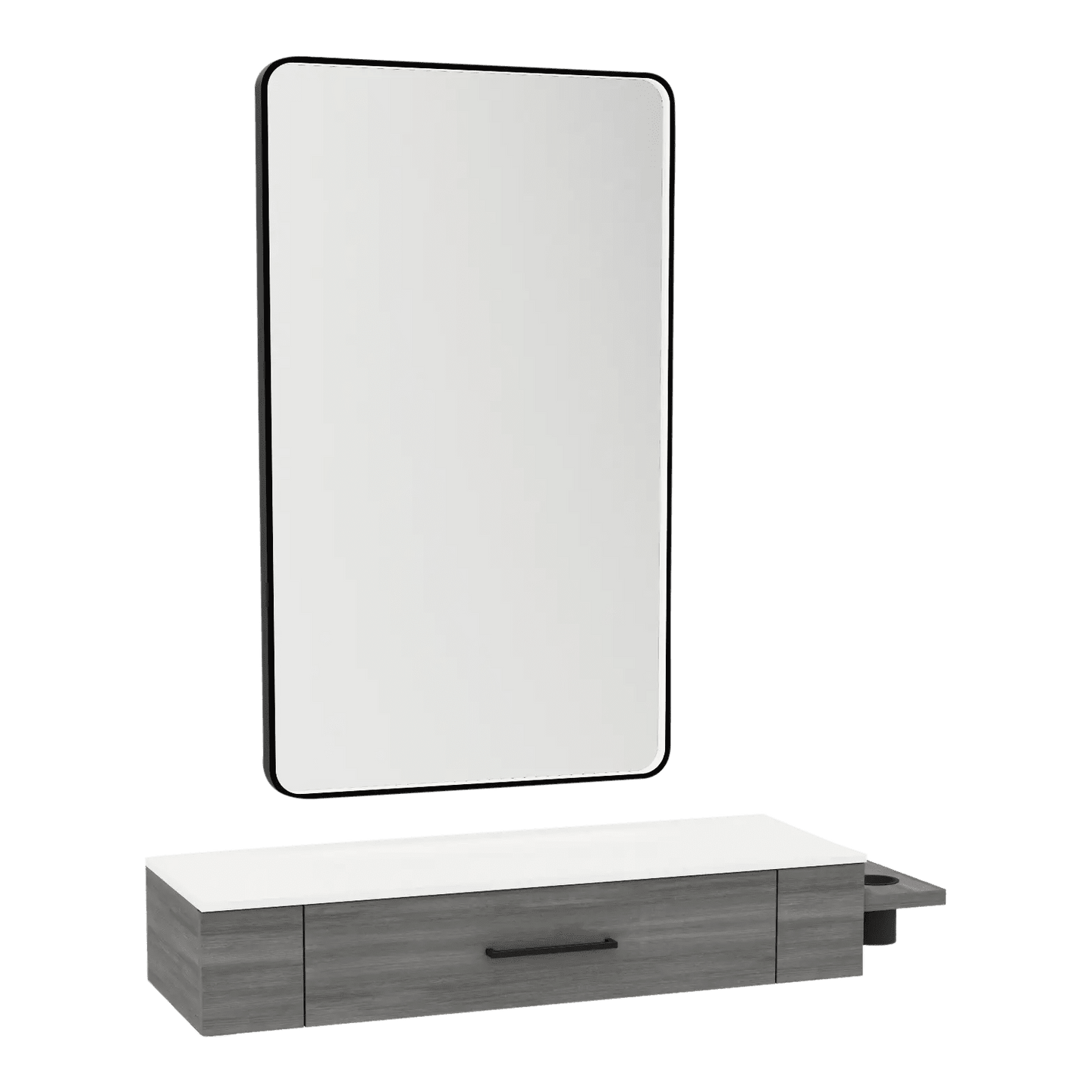 Nova Wall Mount Styling Station with Side-Mount Appliance Holder, Solid Surface Countertop, and Black Rectangle Westin Mirror - Kaemark