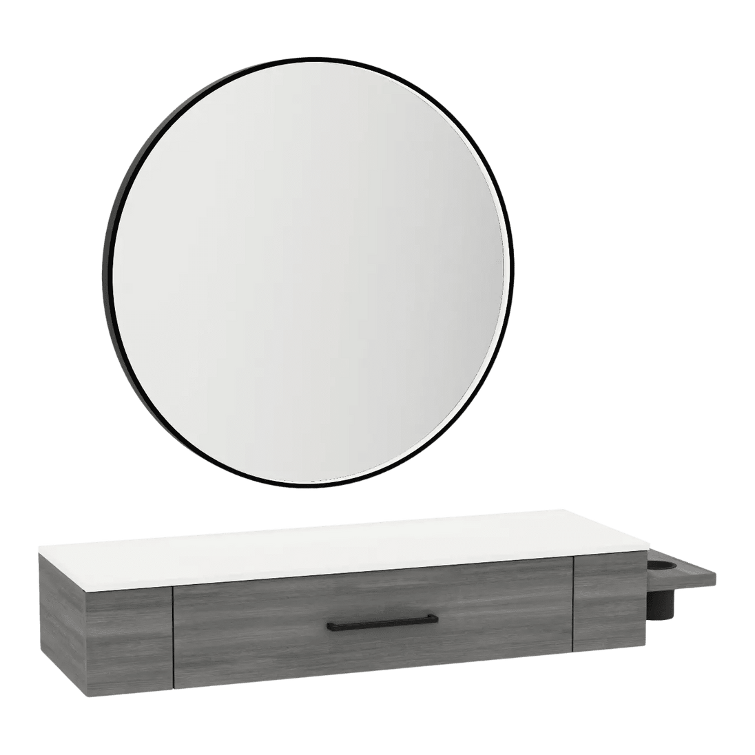 Nova Wall Mount Styling Station with Side-Mount Appliance Holder, Solid Surface Countertop, and Black Round Westin Mirror - Kaemark