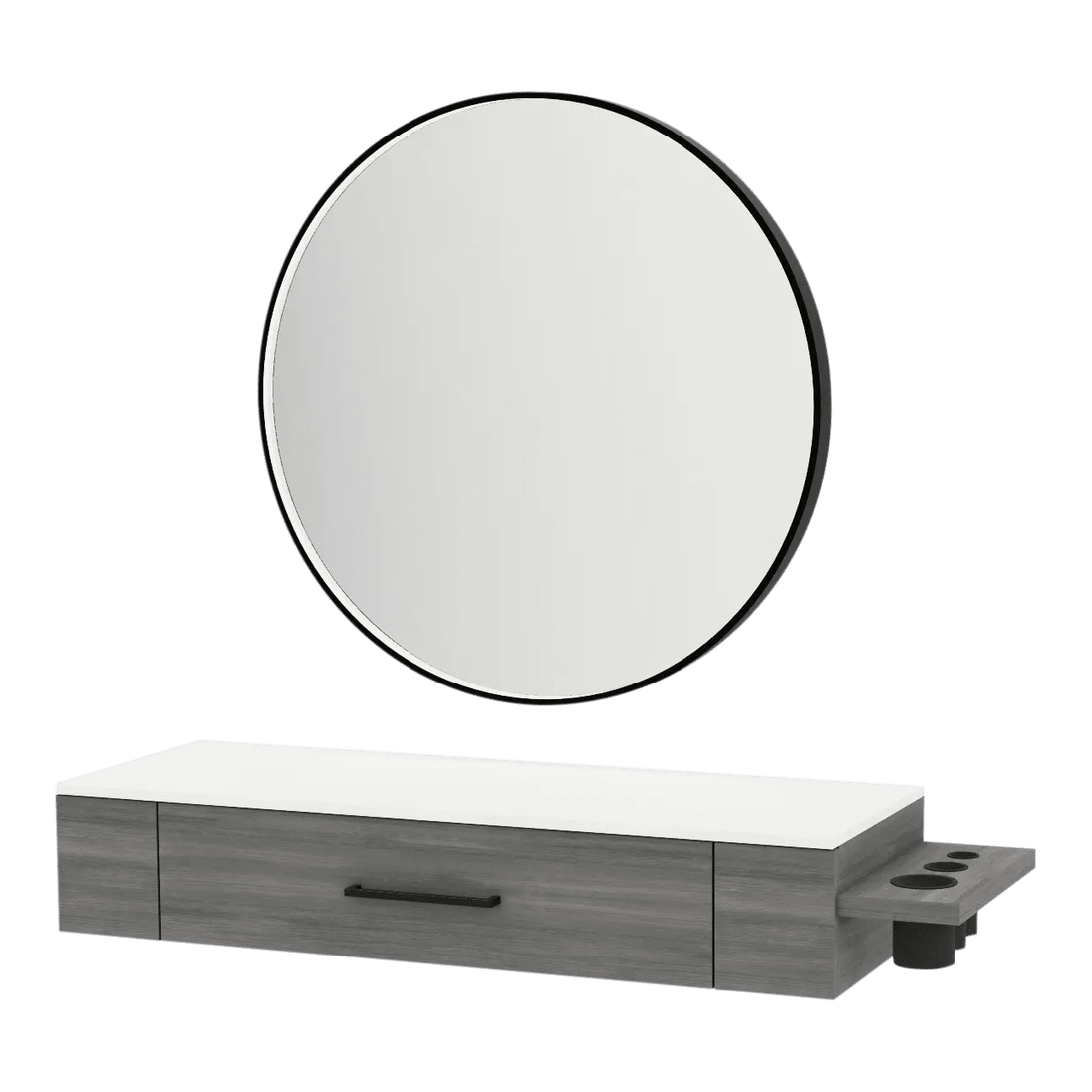 Nova Wall Mount Styling Station with Side-Mount Appliance Holder, Solid Surface Countertop, and Black Round Westin Mirror - Kaemark