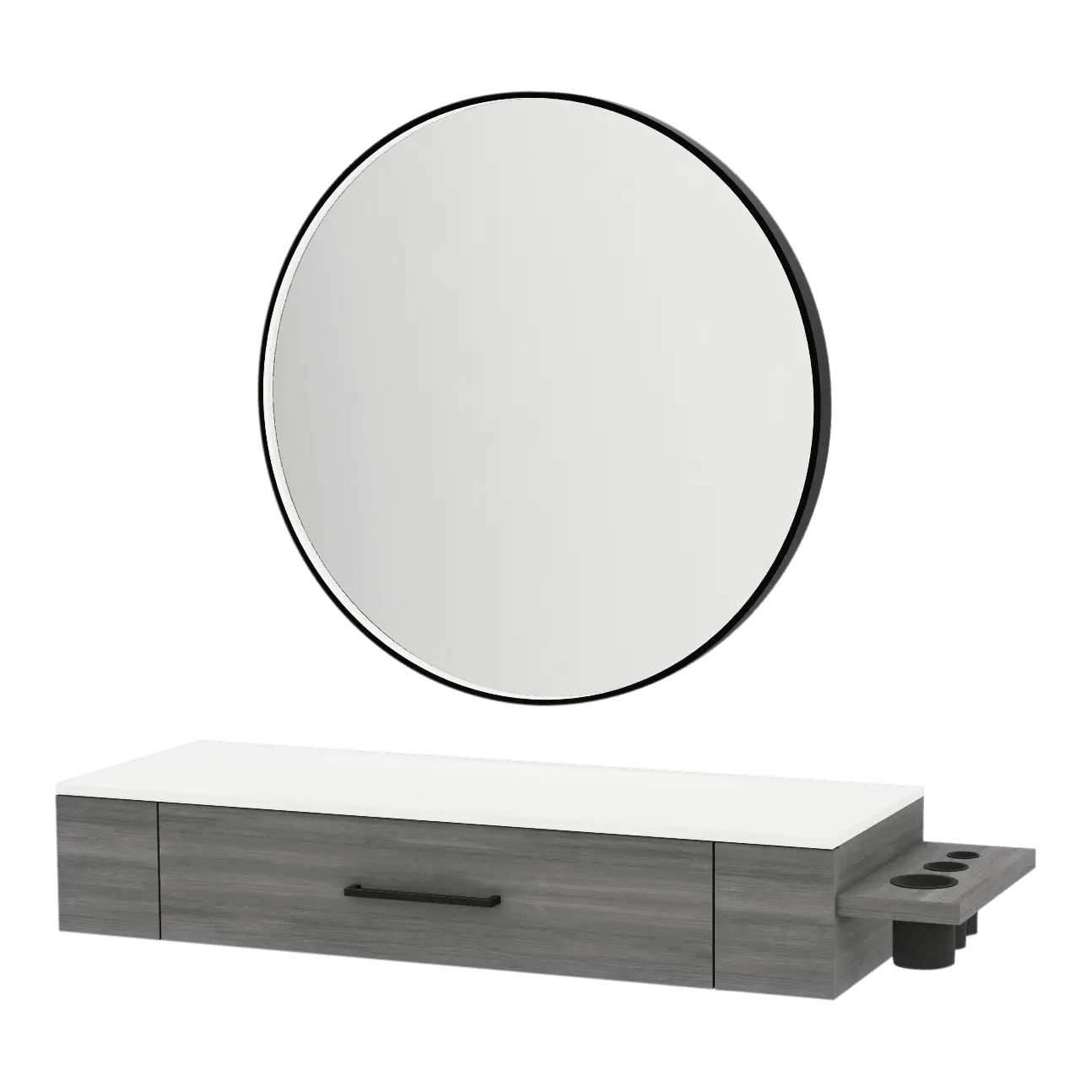 Nova Wall Mount Styling Station with Side-Mount Appliance Holder, Solid Surface Countertop, and Black Round Westin Mirror - Kaemark