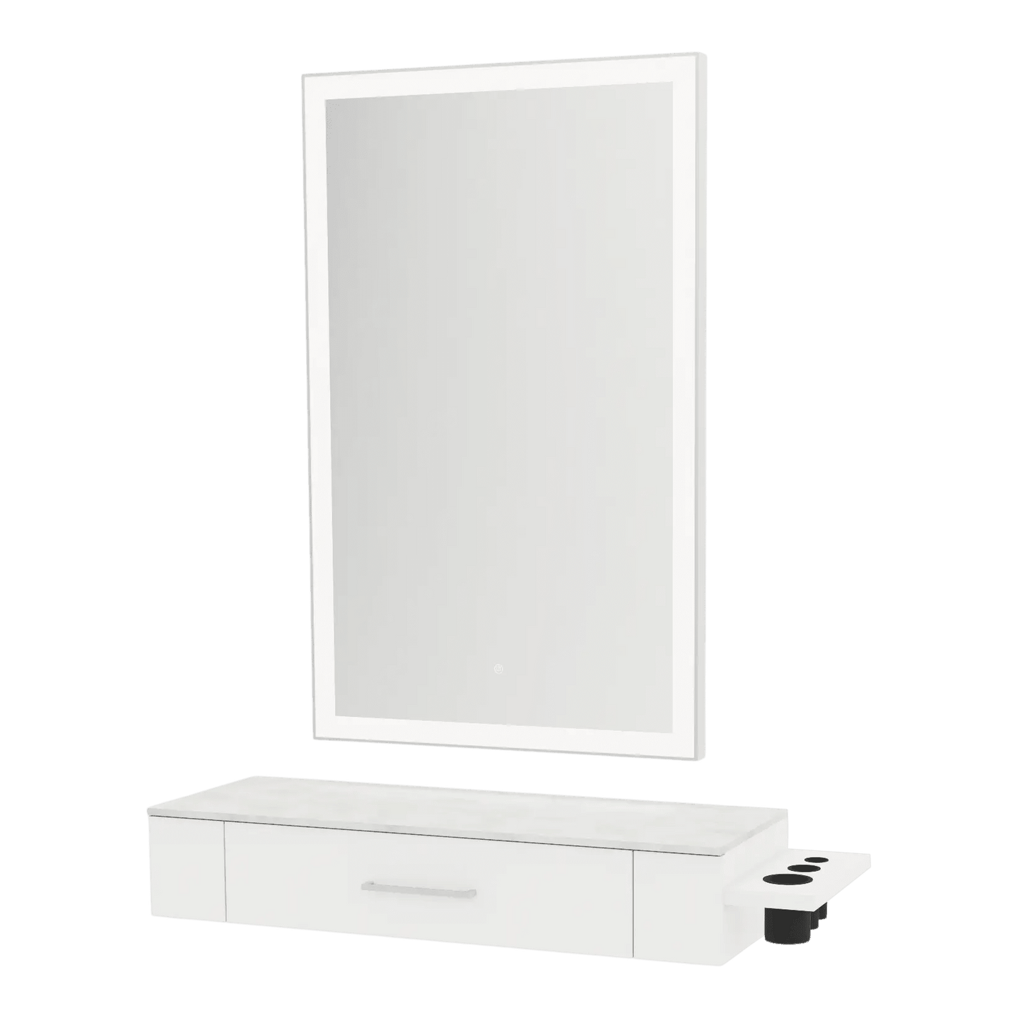 Nova Wall Mount Styling Station with Side-Mount Appliance Holder, Solid Surface Countertop and Silver Rectangle Glo Mirror - Kaemark