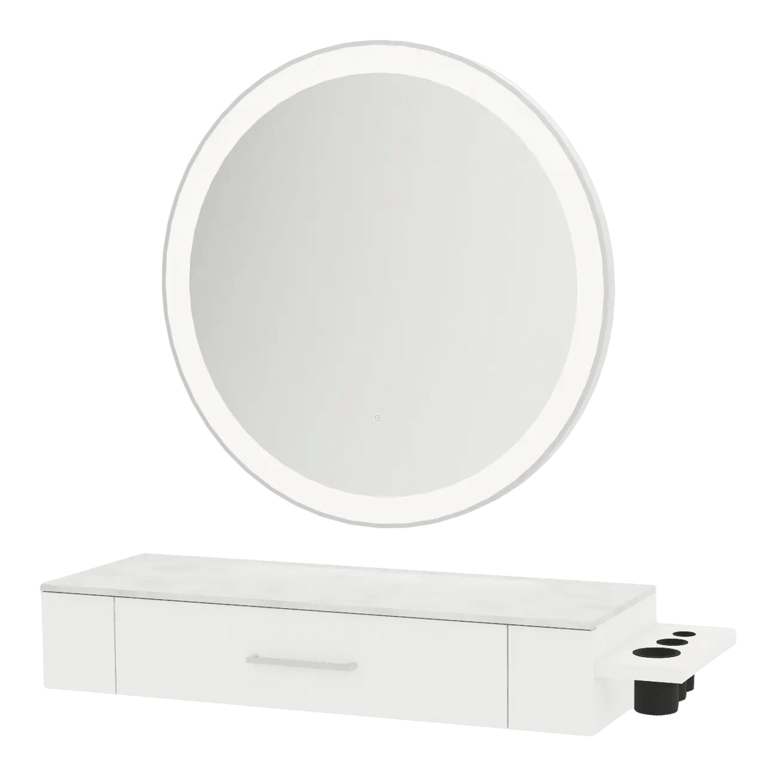 Nova Wall Mount Styling Station with Side-Mount Appliance Holder, Solid Surface Countertop, and Silver Round Glo Mirror - Kaemark