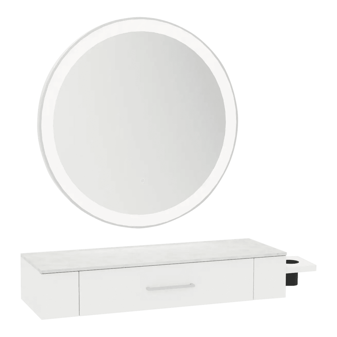 Nova Wall Mount Styling Station with Side-Mount Appliance Holder, Solid Surface Countertop, and Silver Round Glo Mirror - Kaemark