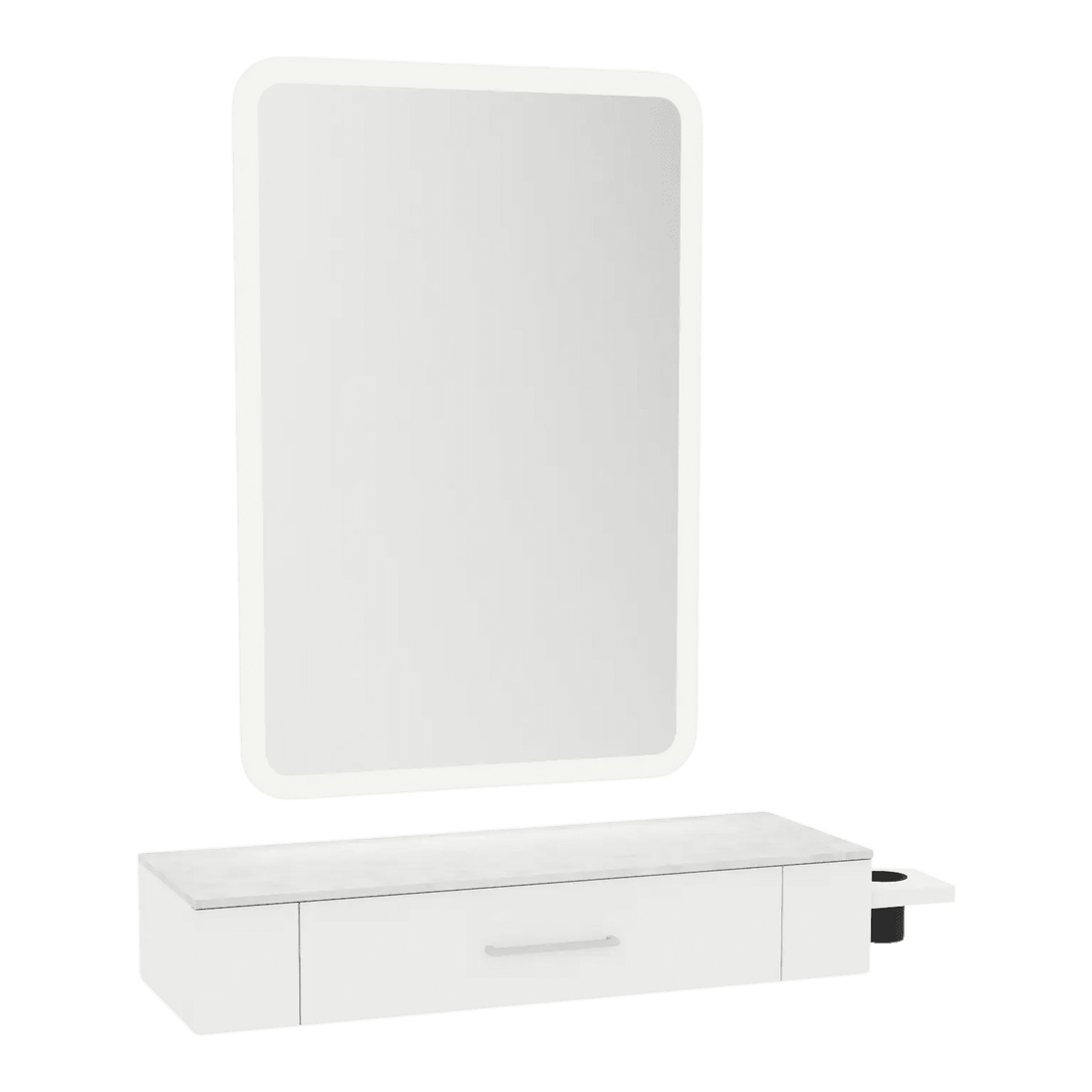 Nova Wall Mount Styling Station with Side-Mount Appliance Holder, Solid Surface Countertop and Illuminate LED Mirror - Kaemark