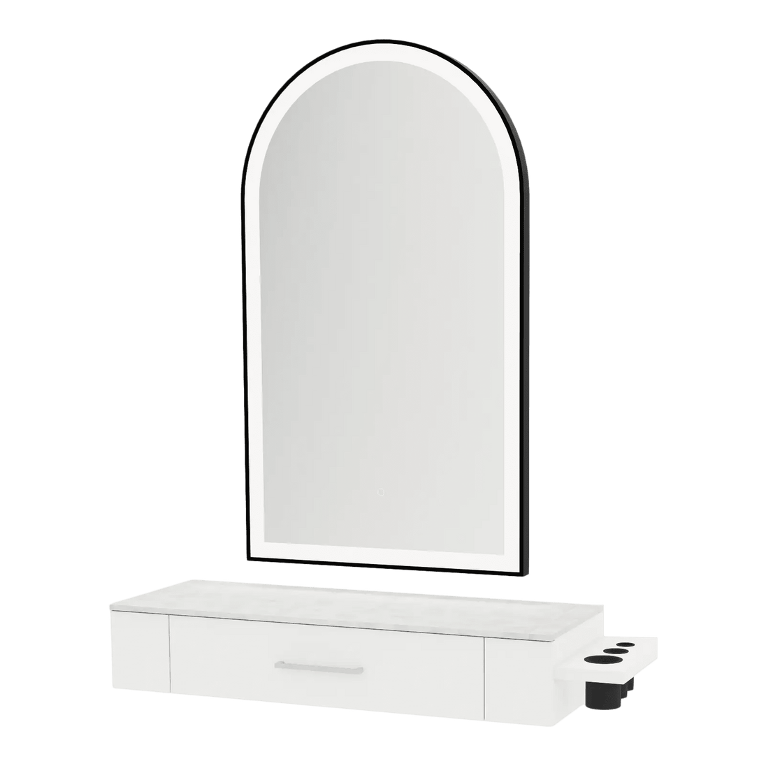 Nova Wall Mount Styling Station with Side-Mount Appliance Holder, Solid Surface Countertop, and Black Arch Paloma Mirror - Kaemark