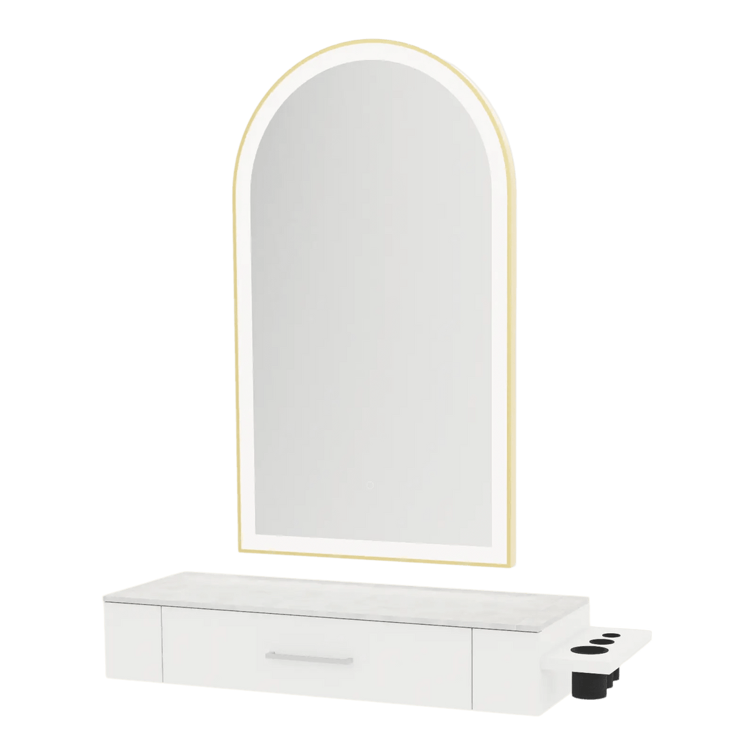 Nova Wall Mount Styling Station with Side-Mount Appliance Holder, Solid Surface Countertop and Gold Paloma Arch Mirror - Kaemark