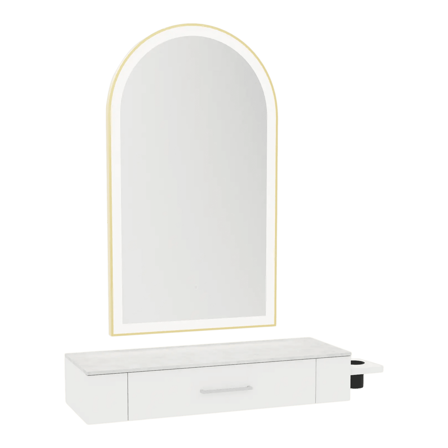 Nova Wall Mount Styling Station with Side-Mount Appliance Holder, Solid Surface Countertop and Gold Paloma Arch Mirror - Kaemark