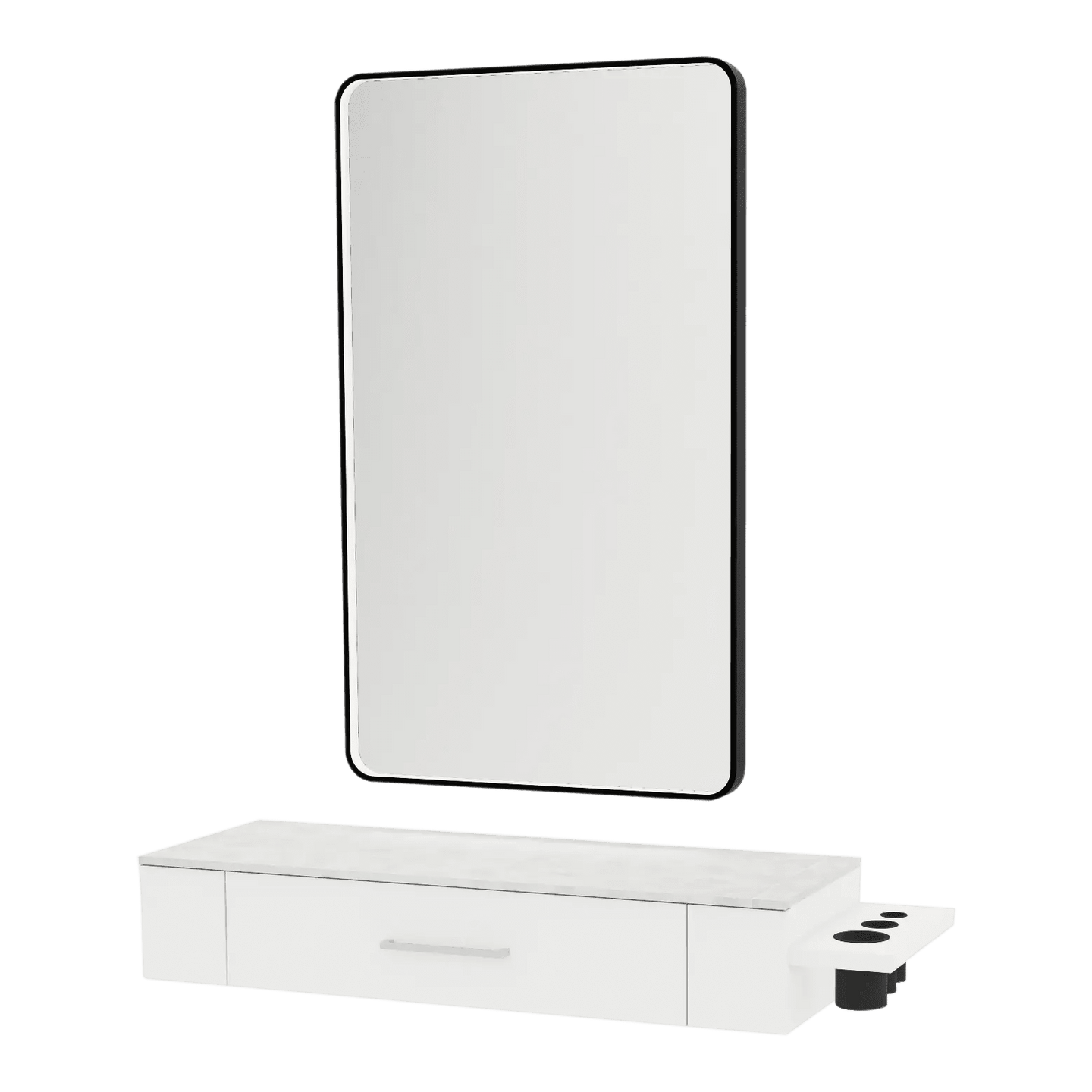 Nova Wall Mount Styling Station with Side-Mount Appliance Holder, Solid Surface Countertop, and Black Rectangle Westin Mirror - Kaemark